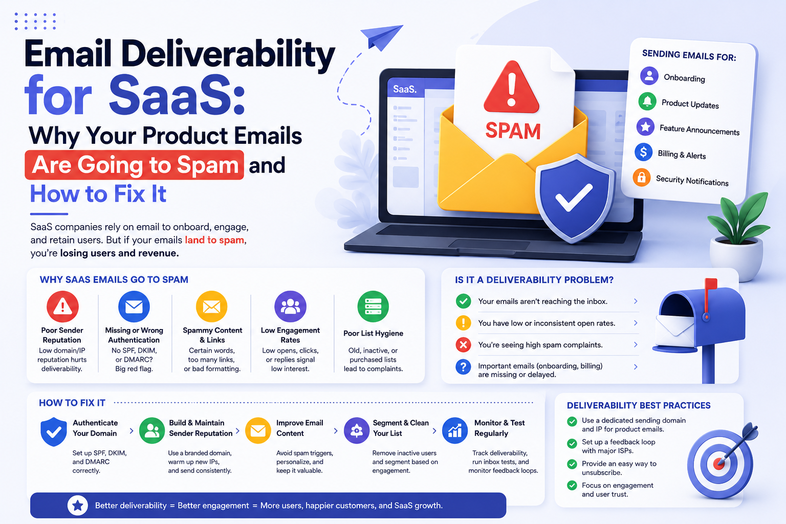 Diagram of common email deliverability challenges alongside the practices that address them.