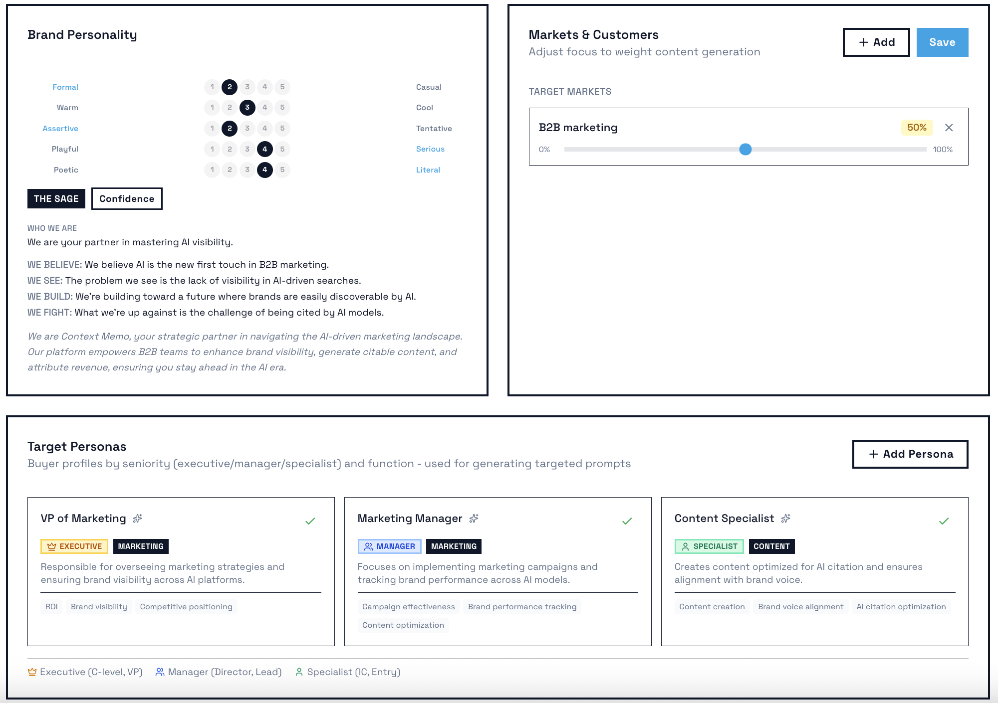 Overview of Context Memo's brand personality and target personas.