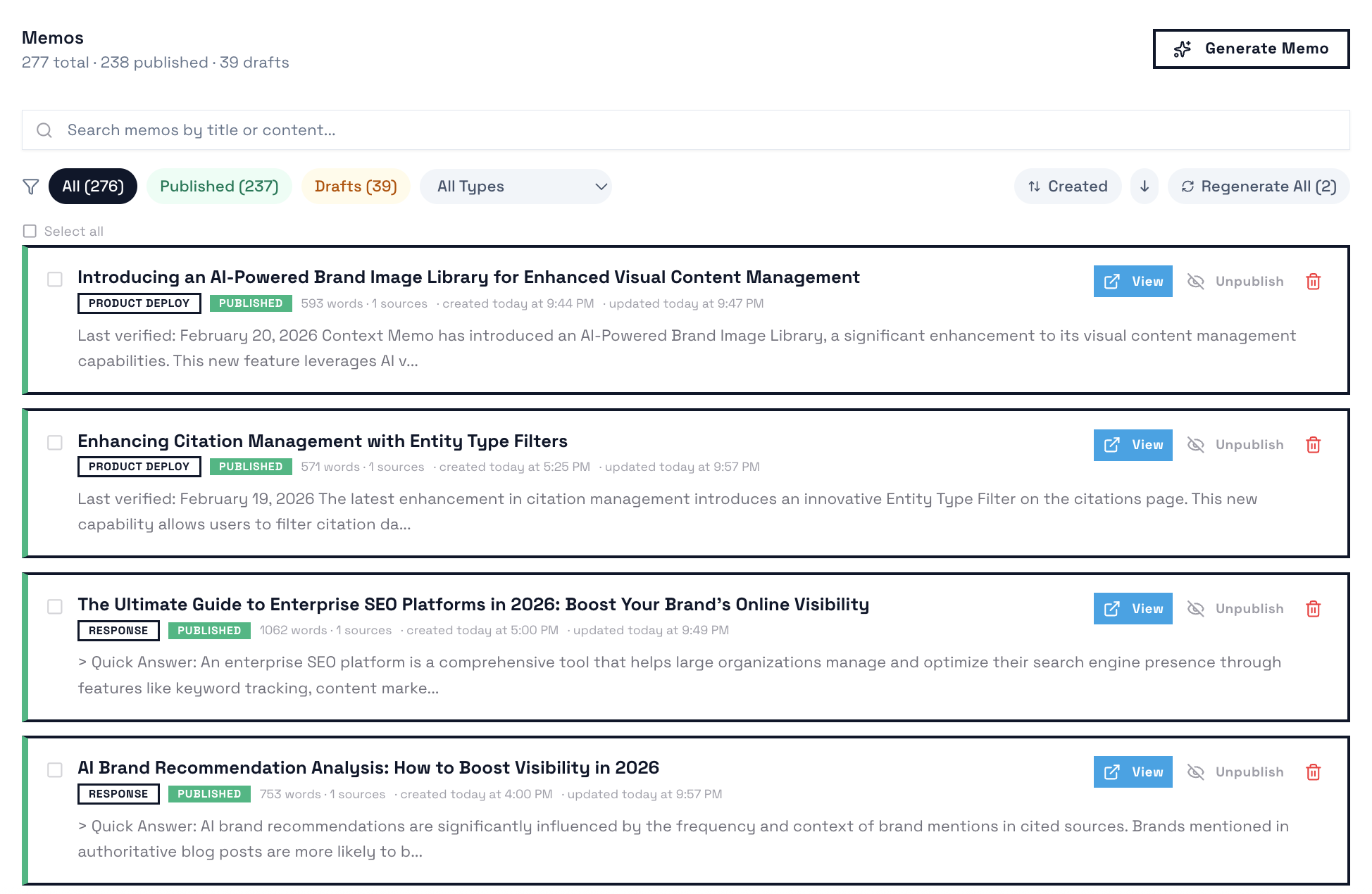 Screenshot of Context Memo dashboard with memos listed.