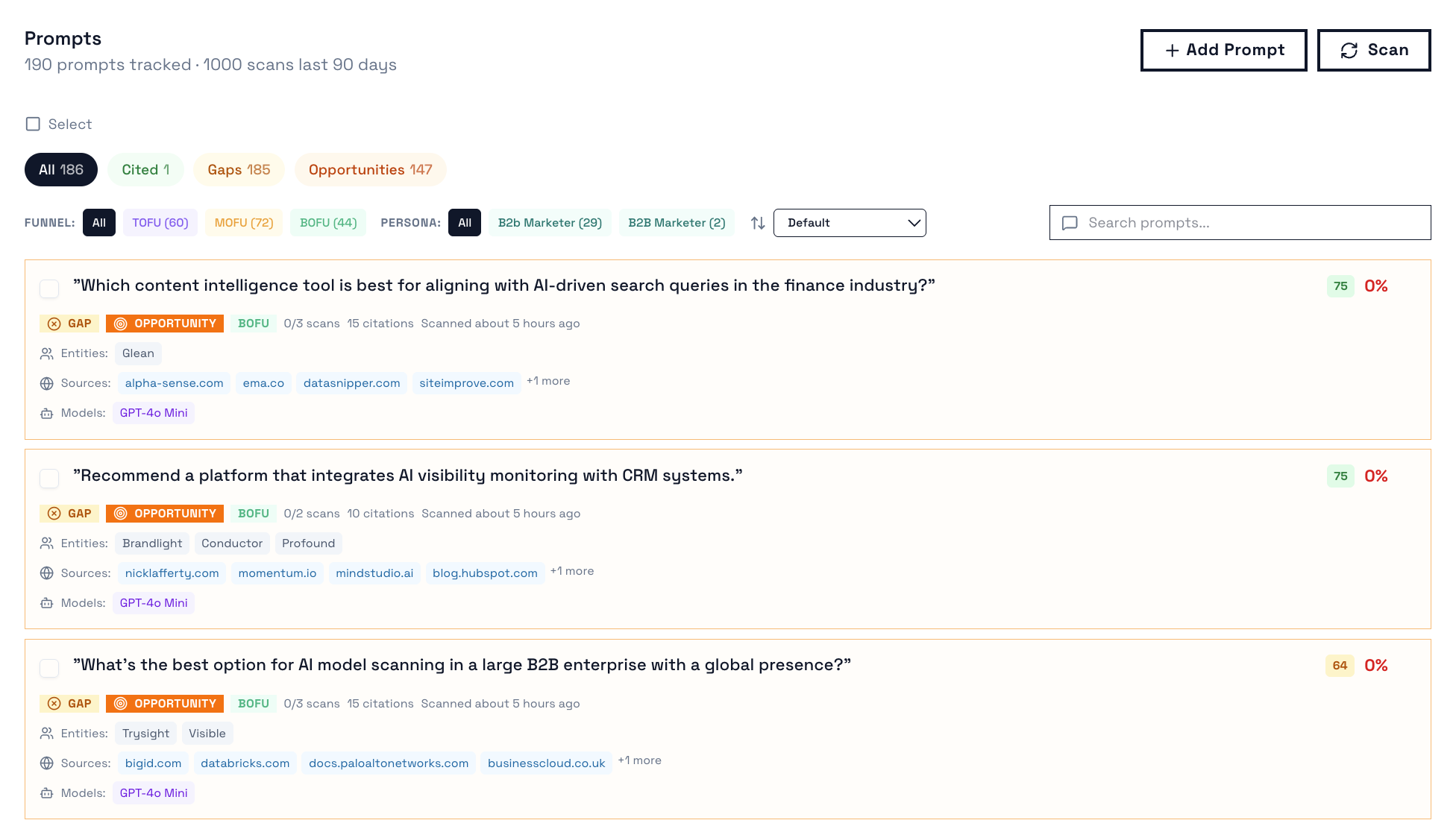 Dashboard showing tracked prompts and opportunities for AI tools.