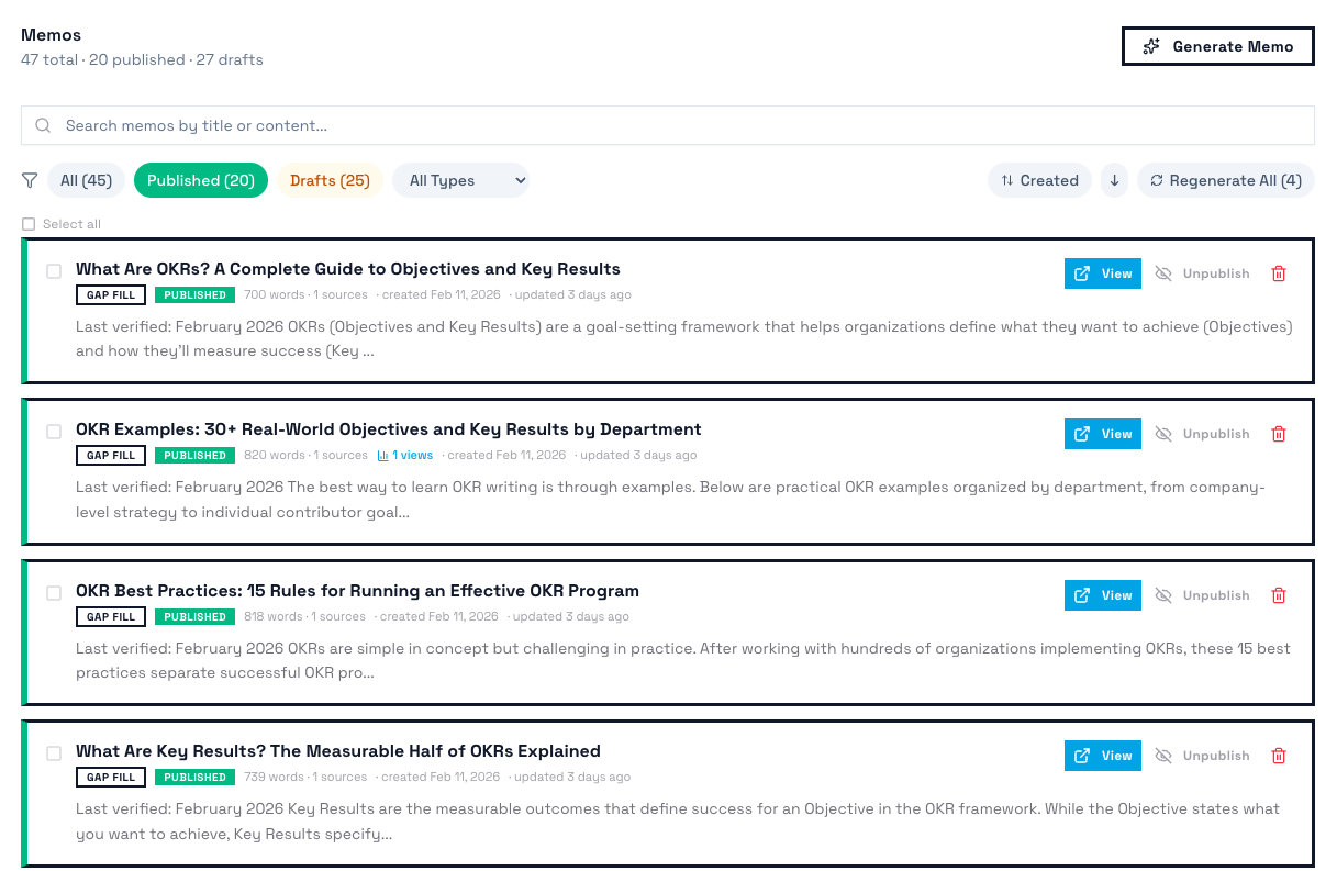 Dashboard view of Context Memo with OKR-related memos listed.