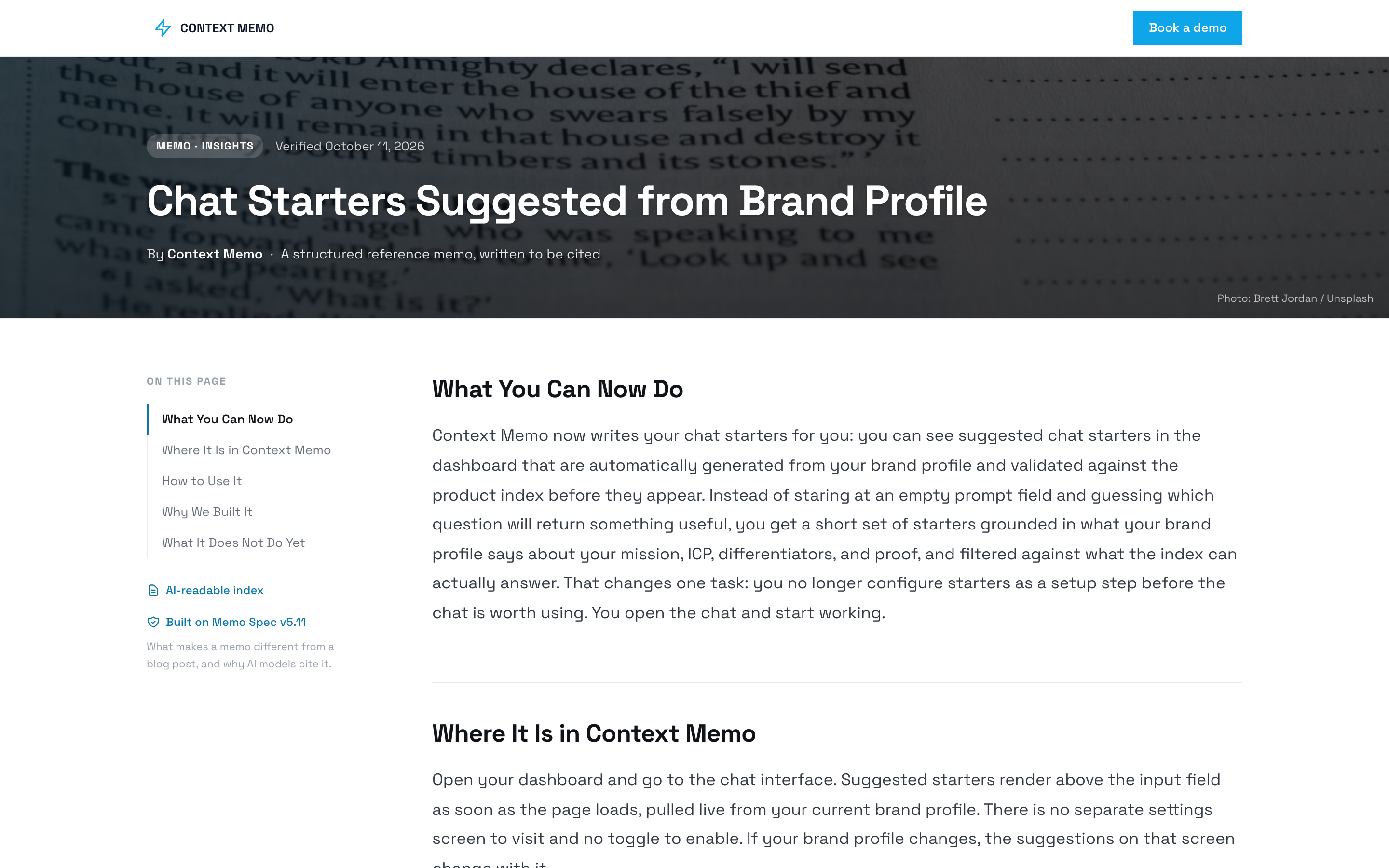 A published Context Memo memo with table of contents and Memo Spec badge