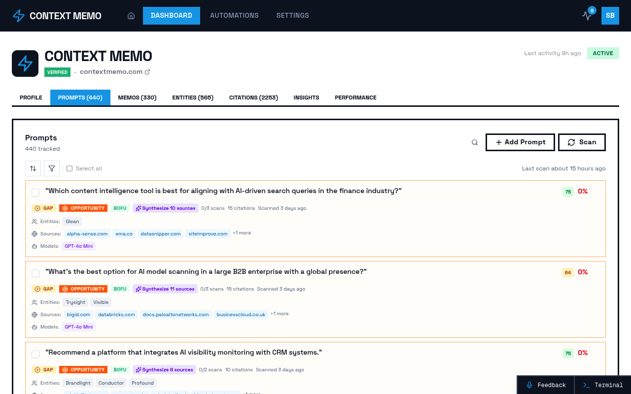 Screenshot of Brands - 9fa32d64 E1c6 4be3 B12c 1be824a6c63f - Prompts page