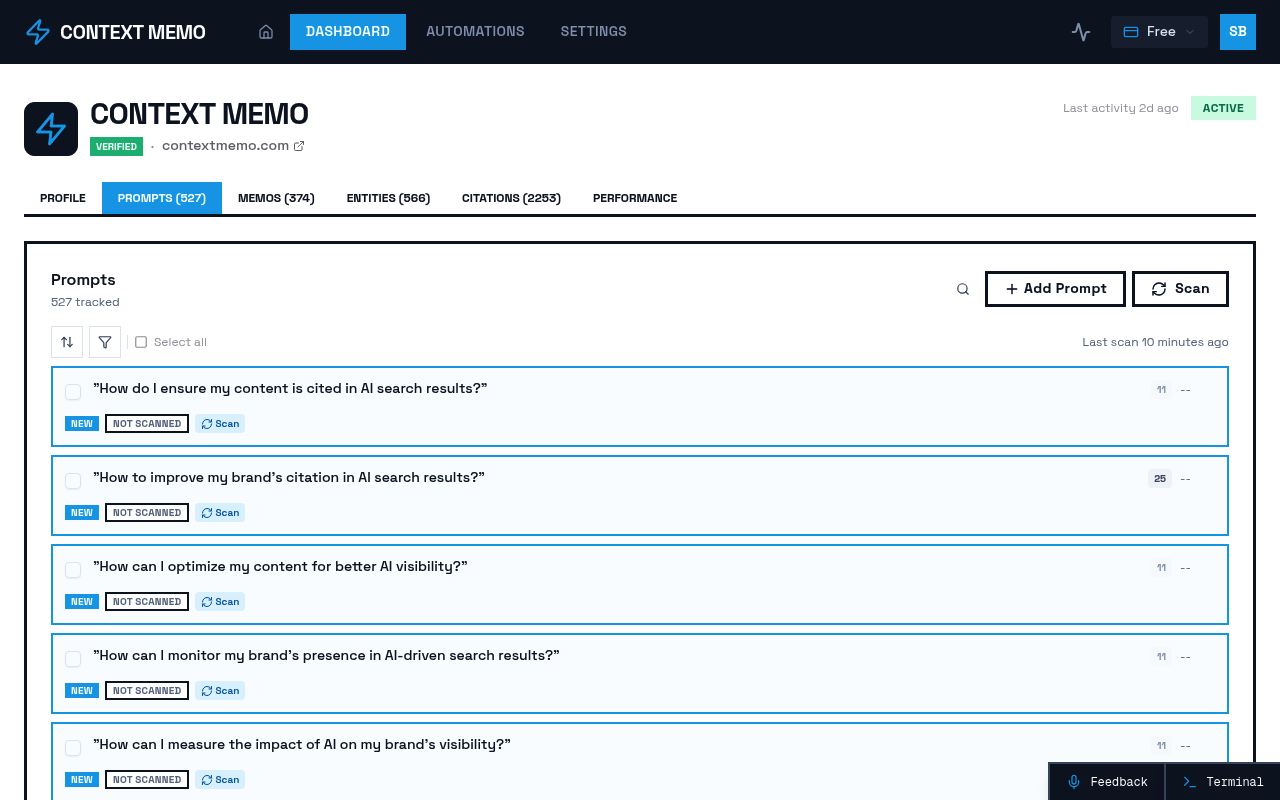 Screenshot of Brands - 9fa32d64 E1c6 4be3 B12c 1be824a6c63f - Prompts page