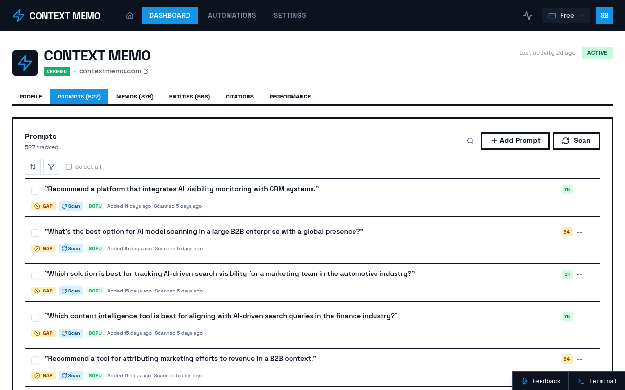 Screenshot of Brands - 9fa32d64 E1c6 4be3 B12c 1be824a6c63f - Prompts page