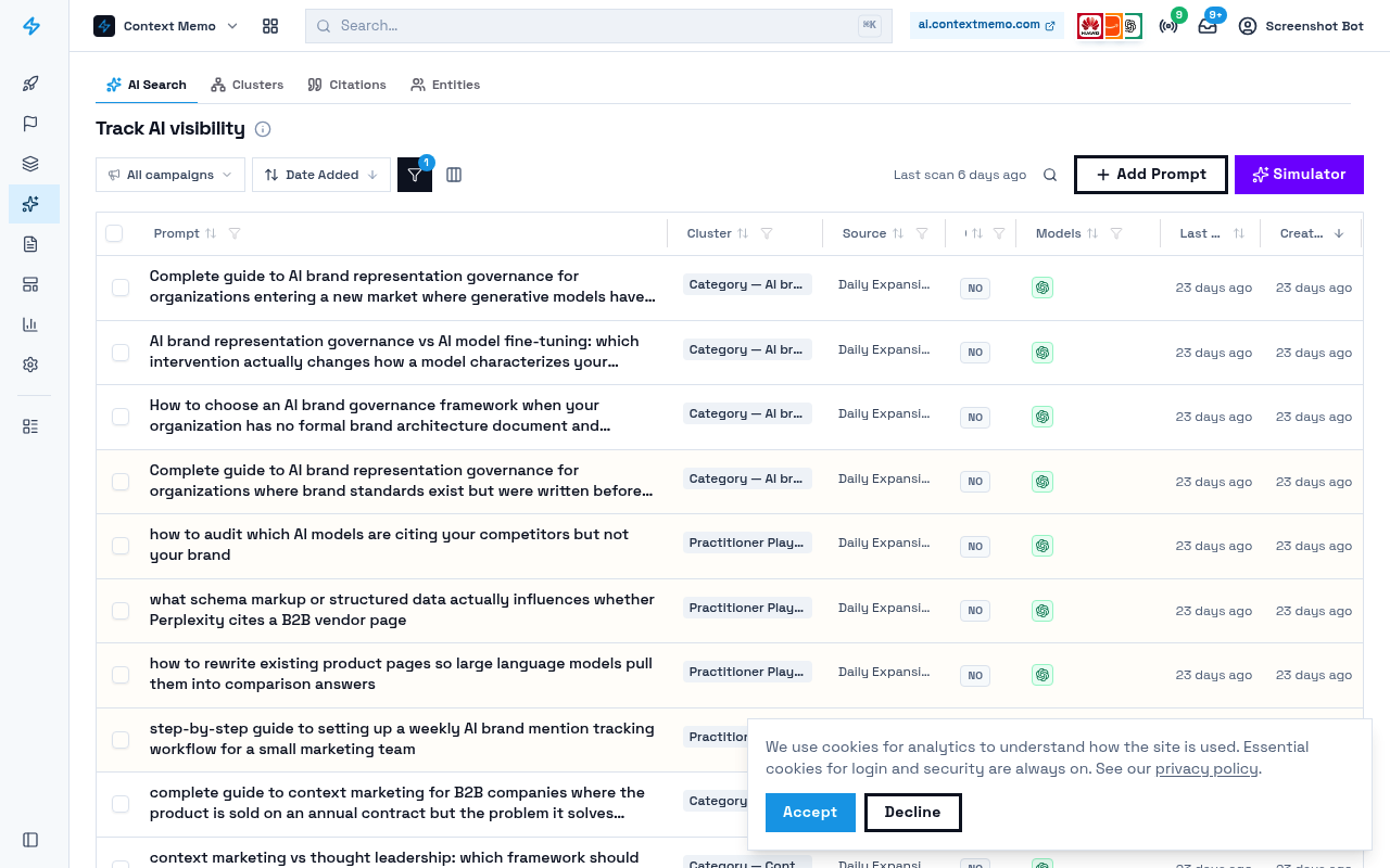 AI search interface of Context Memo showing prompts and details.