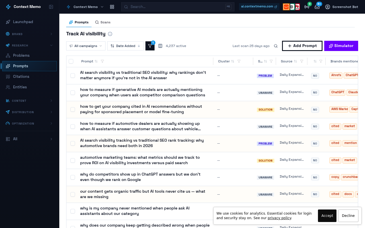 User interface of Context Memo showing prompt management options.