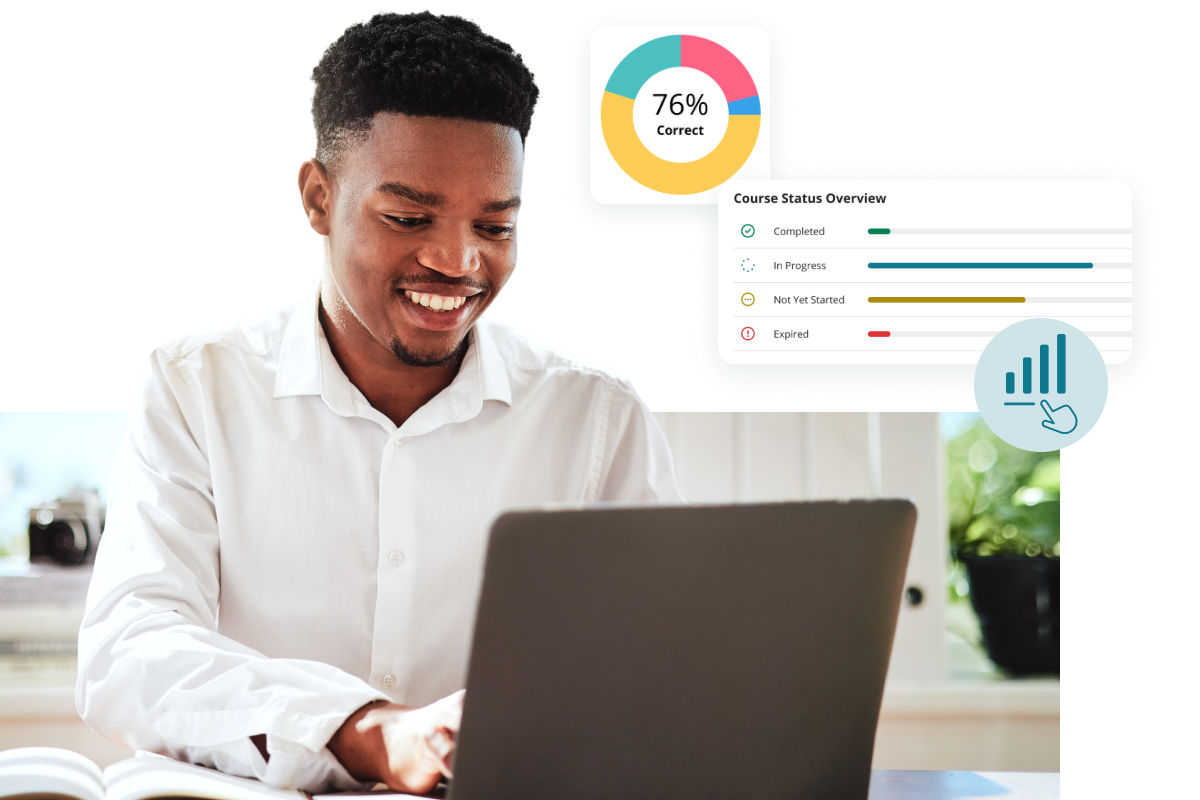 A person smiling while viewing a course status overview on a laptop.