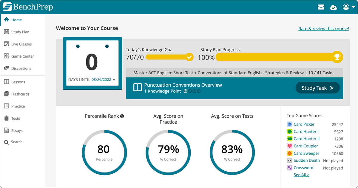 BenchPrep course dashboard showing progress and scores.