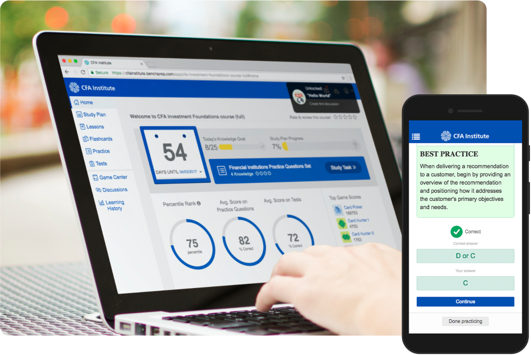 Example adaptive study dashboard showing progress and practice questions.