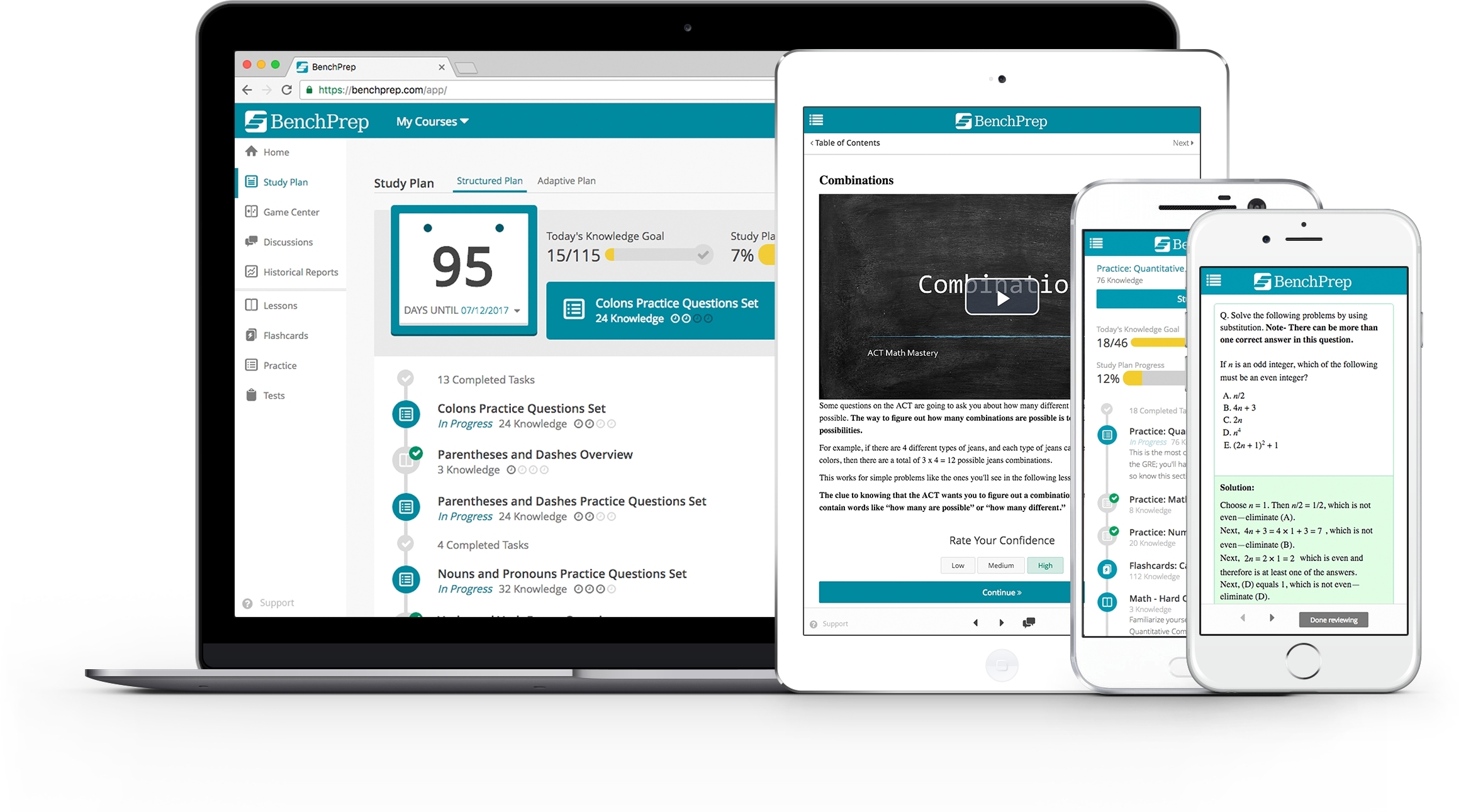 BenchPrep study plan interface shown on multiple devices.